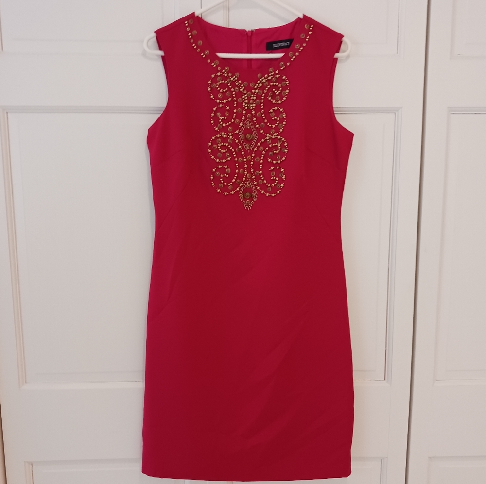 Ellen Tracy Hot Pink Midi Dress with Gold Beaded Embellishment